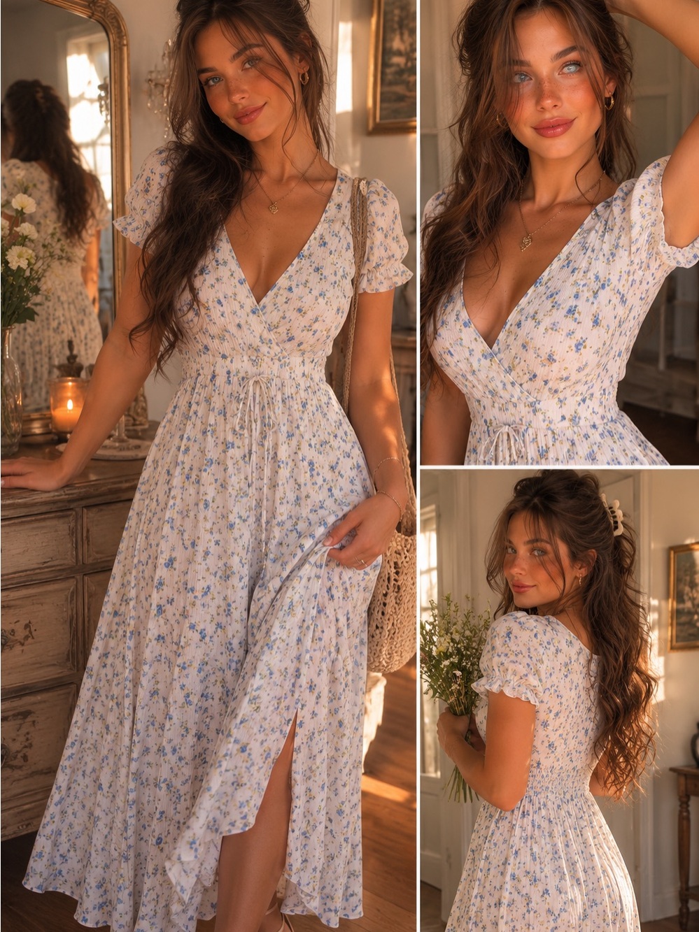 Christy Dawn White Floral Wrap Dress with Blue Blossoms